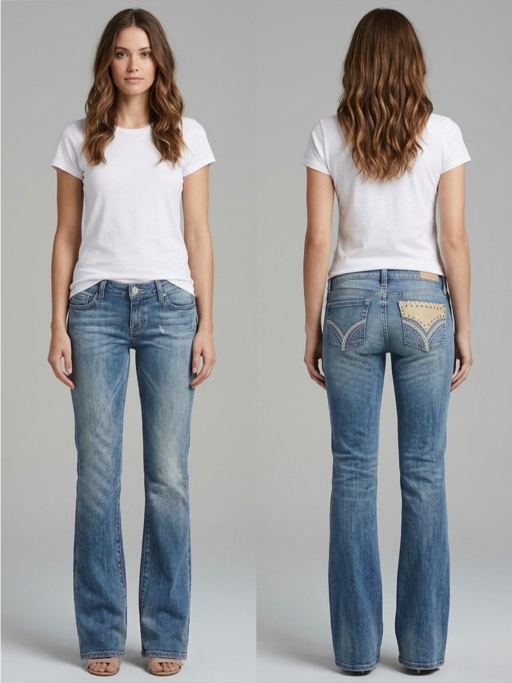 Kancan Y2K Low Rise Flare Jeans Suede leather Lace Up Rhinestone Embellished